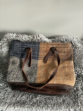 Myra Bag Leather and Woven Patchwork Tote Bag in Blue, Beige & Brown